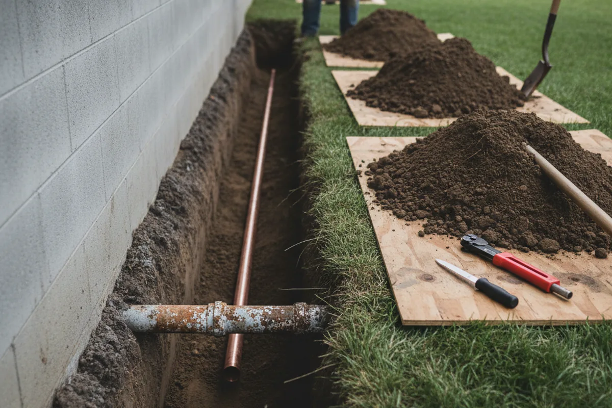 Excavated water line trench during Water Heater Repair in Greig